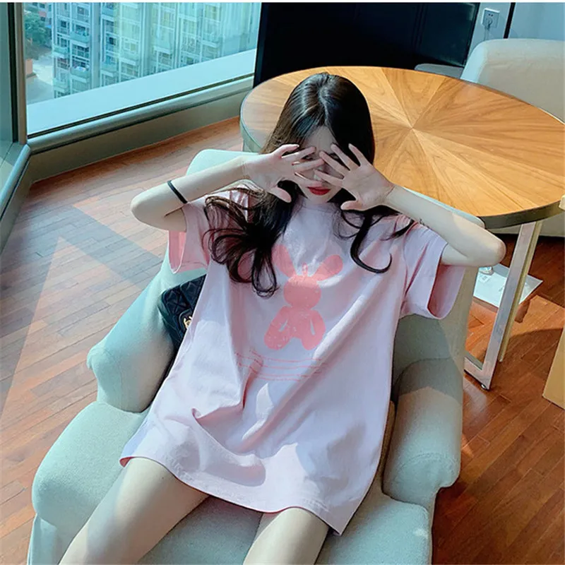 

Short-sleeved T-shirt For Women 2021 Summer Korean Version Fashion Loose Mid-length Pink Jacket Feminina JD1060