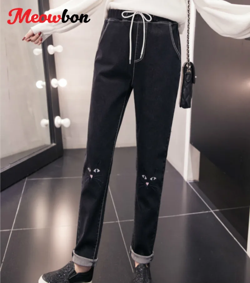 Женские зимние утепленные джинсы капри с вышивкой кошки размеры S M L XL 2XL 3XL 4XL 5XL