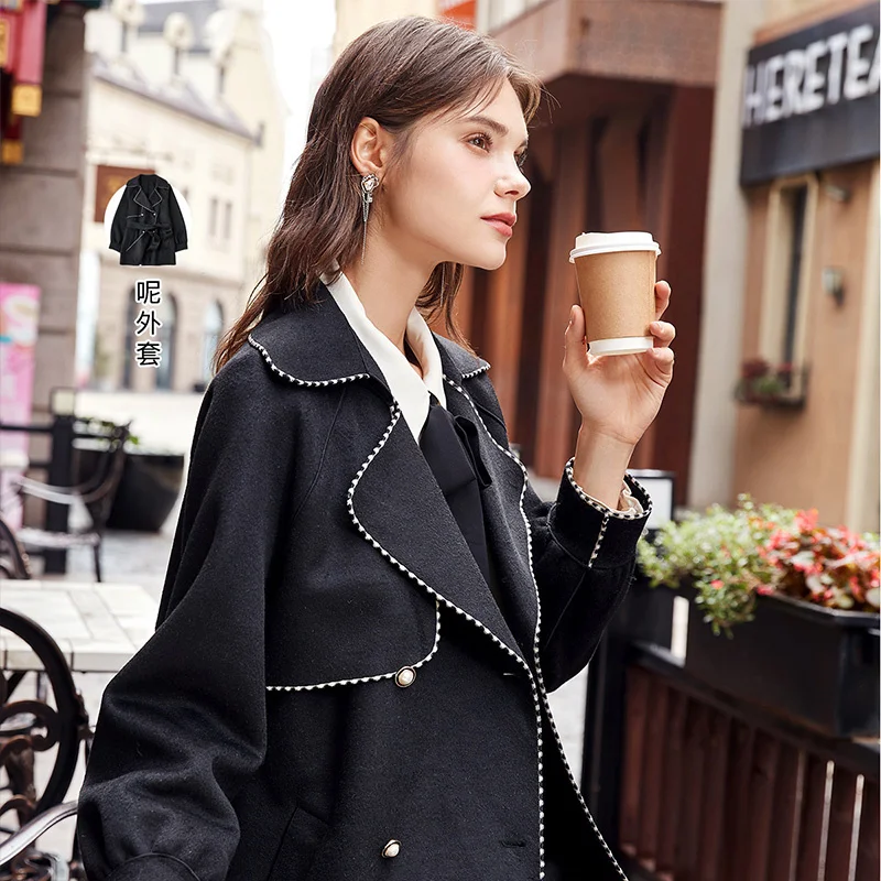 

Coat Women's Middle and Long 2021 Winter New Windbreaker Style Wool Tweed Small Man Imitation Double-sided Tweed Black Coat