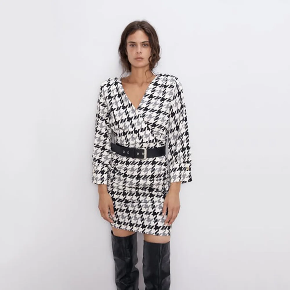 Za 2019 осеннее Новое клетчатое платье с поясом модная женская одежда в западном