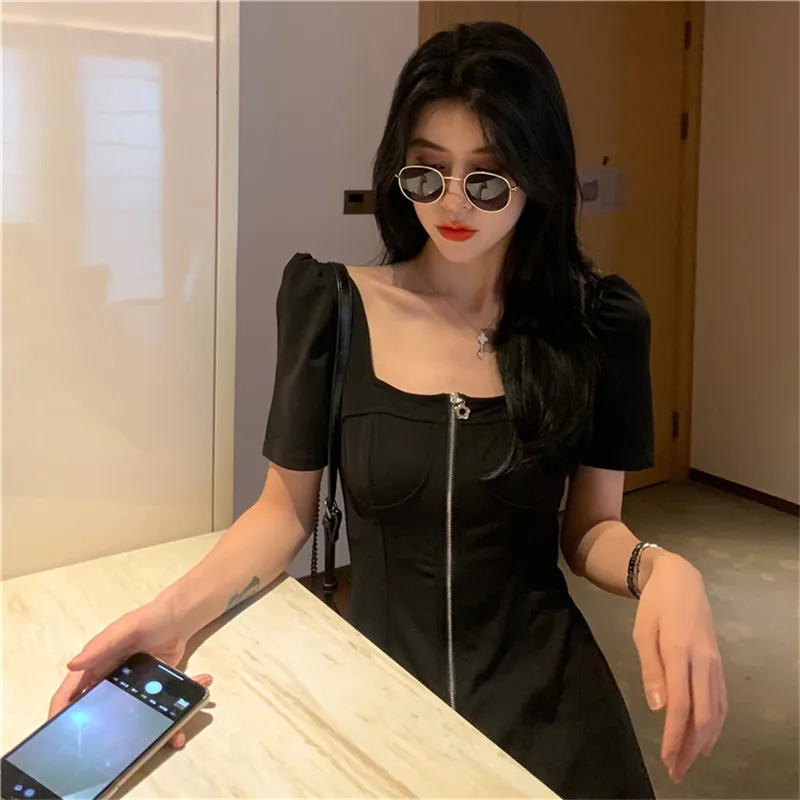 Dress 2020 new summer waist slimming square collar French front zipper sexy black dress short sleeve dresses for women | Женская одежда