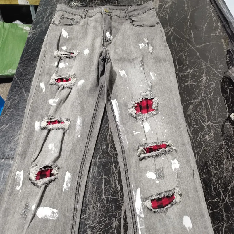 Men's Oversized Trousers With Holes In Grey Black Blue Made Old Casual Slim Fit All-Around Small Foot Jeans