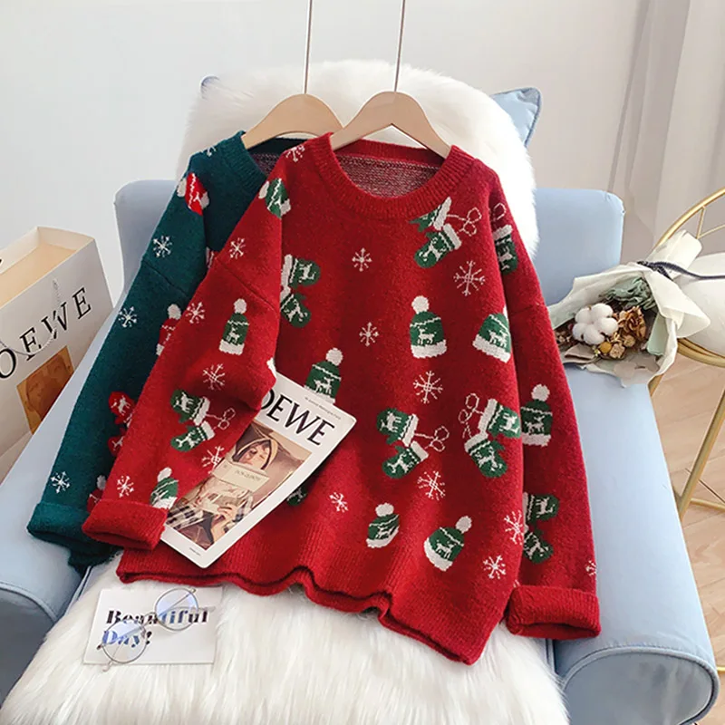 

Рождественский свитер, толстые женские красные свитера и пуловеры с принтом, высококачественный Вязаный милый топ с круглым вырезом на осе...