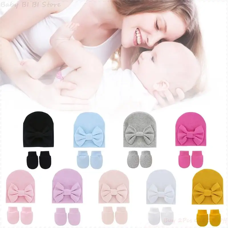 

2 Pcs Baby Anti Scratching Gloves Bowknot Hat Set Infants Soft Cotton Mittens Beanies Kit for 0-3 Months Newborn