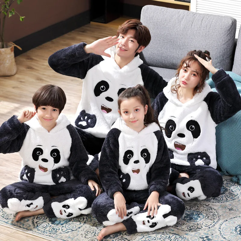 Panda Зимний Пижамный комплект для родителей и детей; Детские фланелевые пижамы; утепленная плюшевая толстовка с капюшоном и длинными рукавами с изображением панды; домашняя одежда для мужчин и женщин - Цвет: Panda