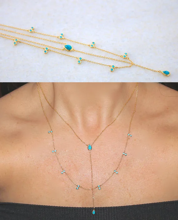 Женское Двухслойное ожерелье золотистого цвета с бирюзой очаровательные