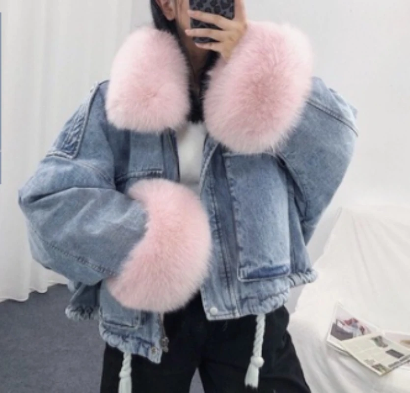 Женская зимняя куртка из искусственного меха джинсовая со съемной подкладкой