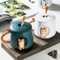 cute cat ceramic coffee mugs with lid spoon 3d cartoon animal water tea cups home office breakfast creative drinkware