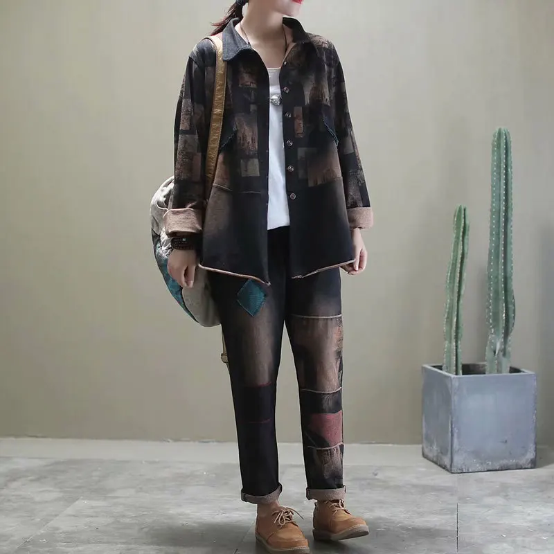Повседневный Женский костюм с винтажным принтом свободная рубашка пуговицами и