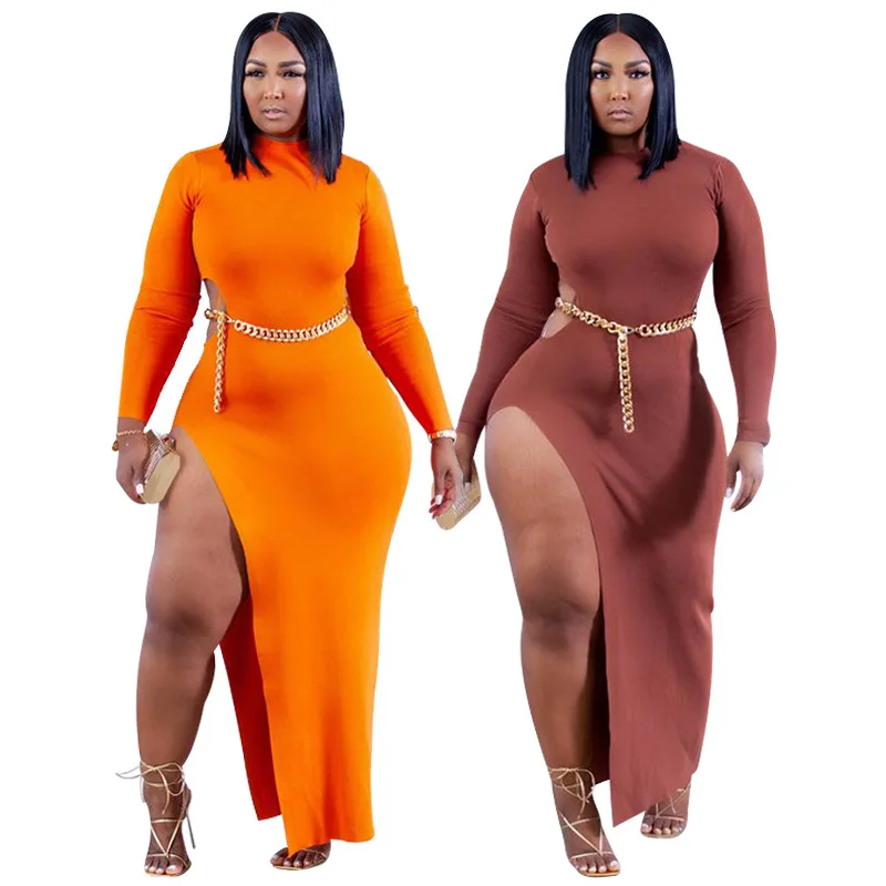 

Adogirl Plus Size Hollow Out High Split Women Dress Sleeve Back Hole Bocycon Sexy Long Vestidos Night Club L-4XL Autumn Robes