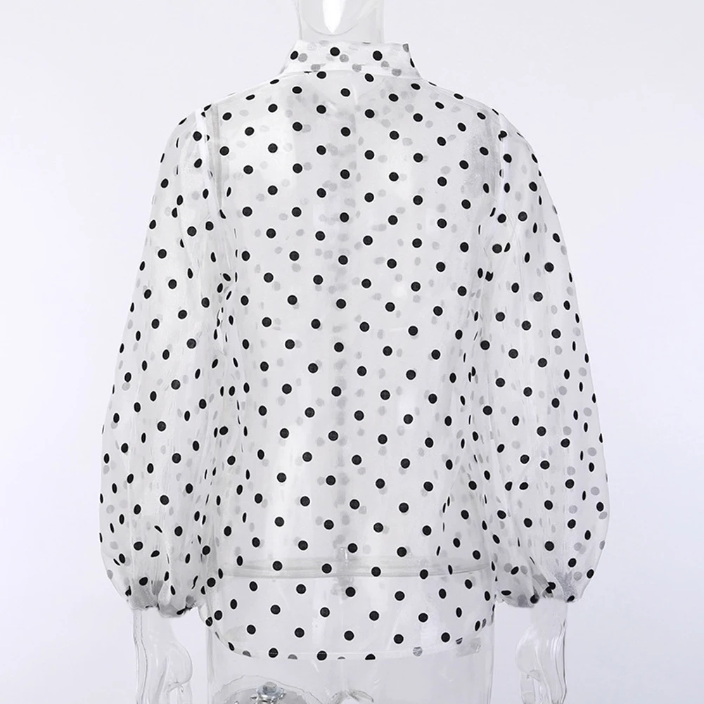 

Women Perspective Tops Lantern Long Sleeve Polka Dot Print Button Shirts See Through Casual Female Loose Club Blouse