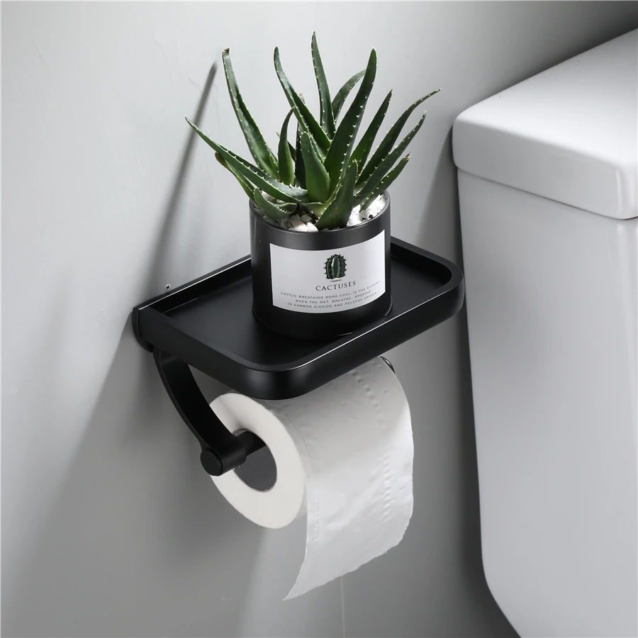 

Wall Mounted Black Toilet Paper Holder Tissue Paper Holder Roll Holder With Phone Storage Shelf Bathroom Accessories