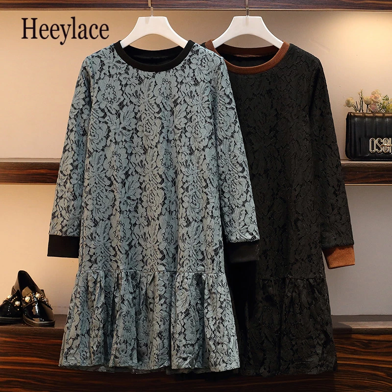 Женское свободное кашемировое платье размера плюс с толстыми кружевными