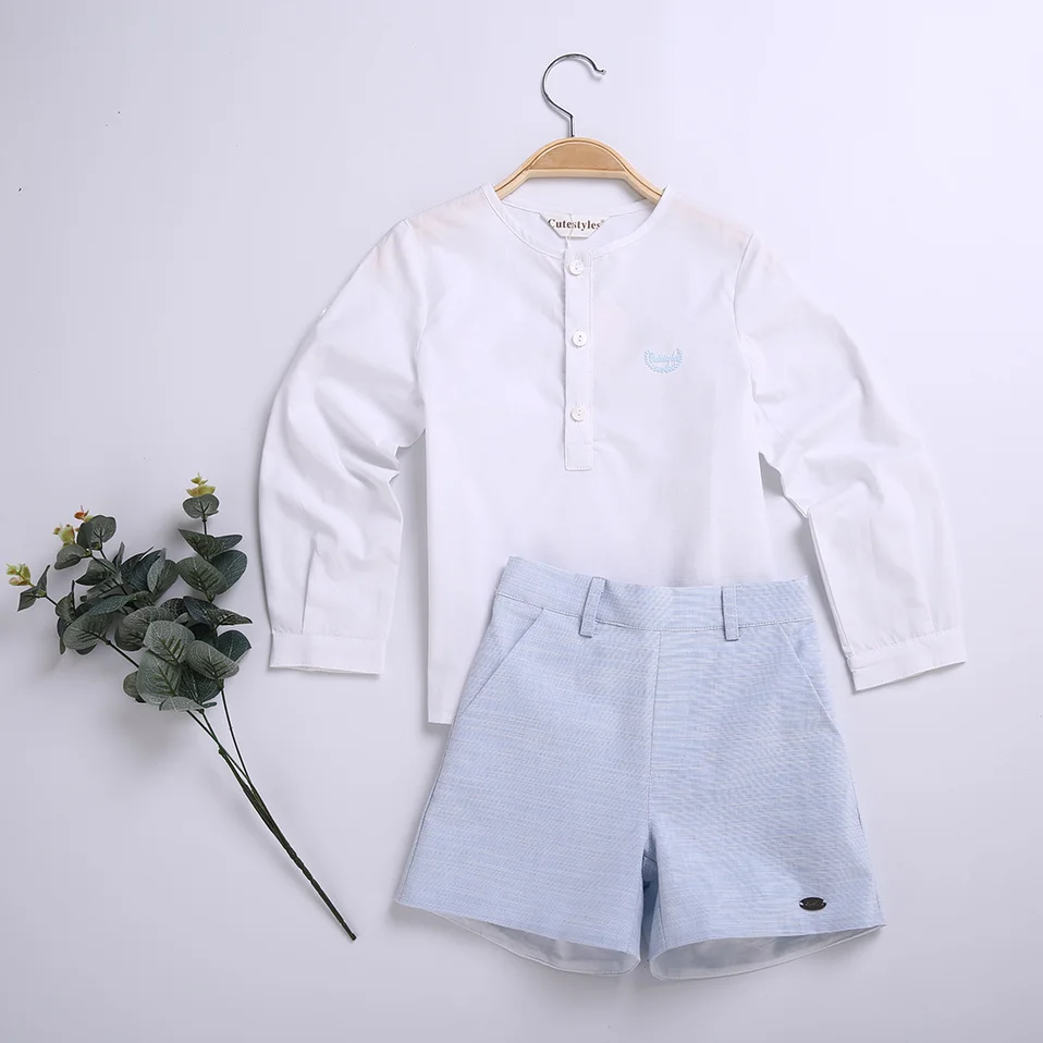 Pettigirl Spainish/детская одежда новая белая рубашка и синяя короткая хлопковая для