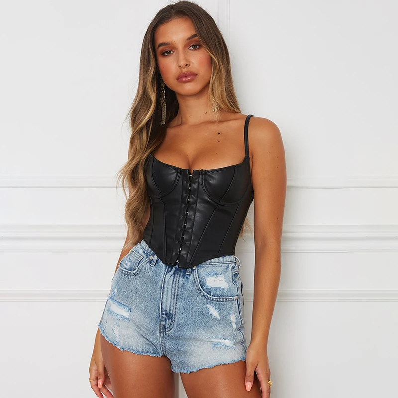 

Breasted PU leather camisole waist slim sexy low-cut inner top bralette black pattern bustier bra embossed corset backless night