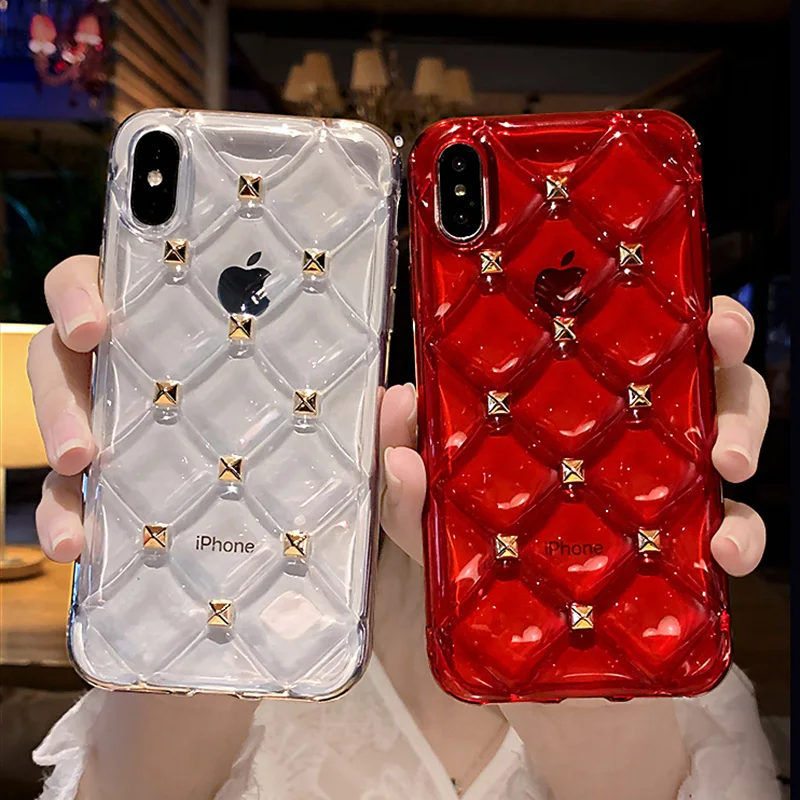 Shockproof Gold Rivet Phone Case For iPhone X XR XS MAX Soft Silicone Transparent Back Metal Cover 8 7 6 6S Plus |