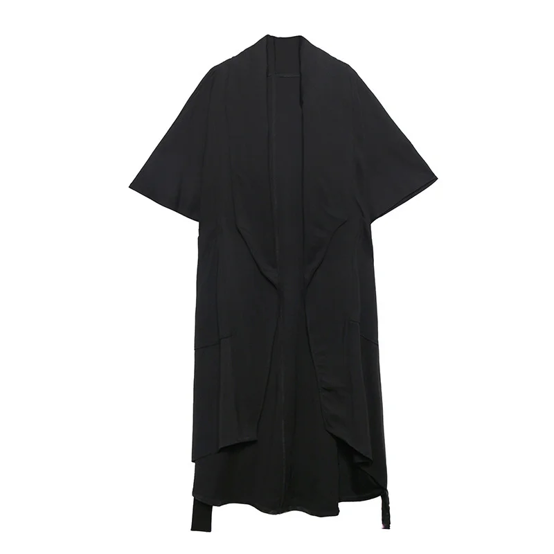 

QING MO Loose Plus Size Women Autumn Coat 2021 New Cloak Cardigan Windbreaker Solid Color Belt Fashion Women Coat Black ZWL119