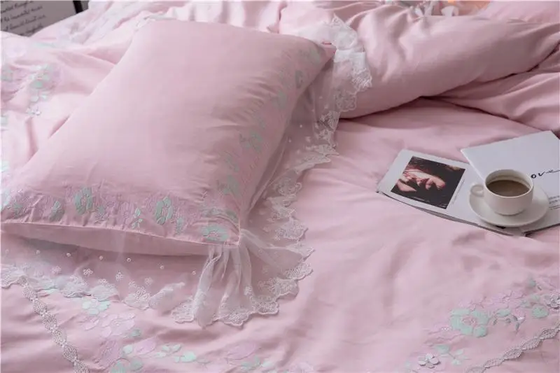 

Jpcs luxury Egypt Cotton Romantic Girl Bedding set Embroidery lace Duvet Cover set bed Sheet pillowcases Queen King size