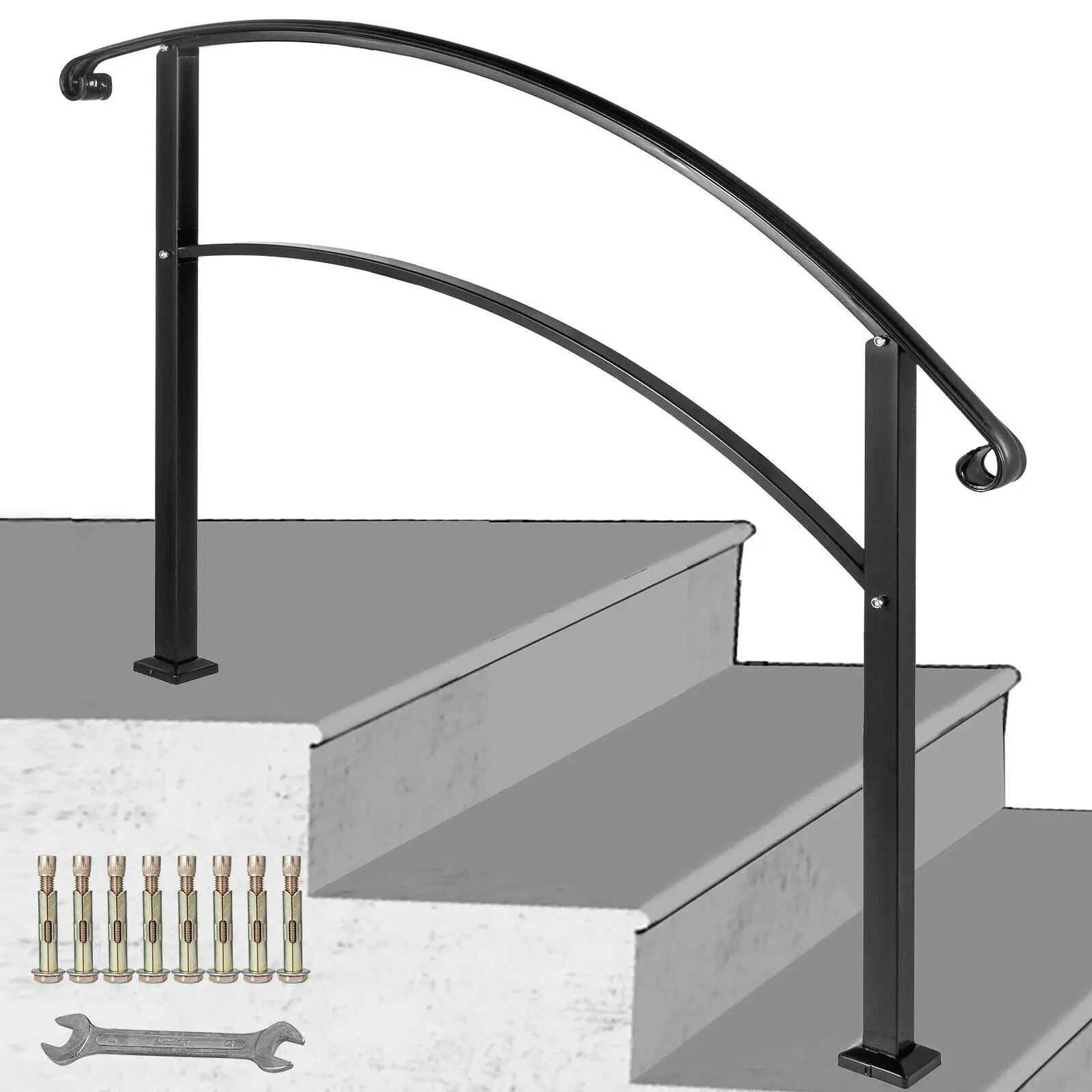 

VEVOR Wrought Iron Handrail Fits 1 or 5 Steps with Installation Kit Hand Rails for Outdoor Steps Transition Handrail Stair Rail