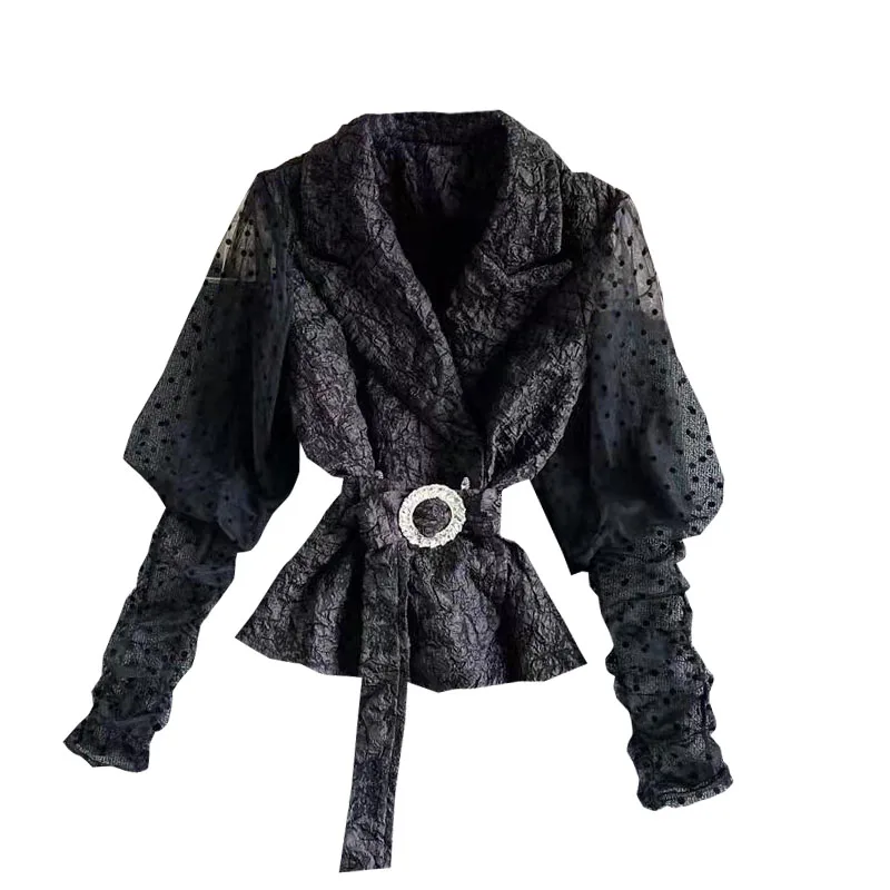 

2021 Spring Korean Elegant Women Tops V-neck Suit Collar Waist Mesh Puff Sleeve Doll Short Waist Diamond Belt Shirt Tops Female