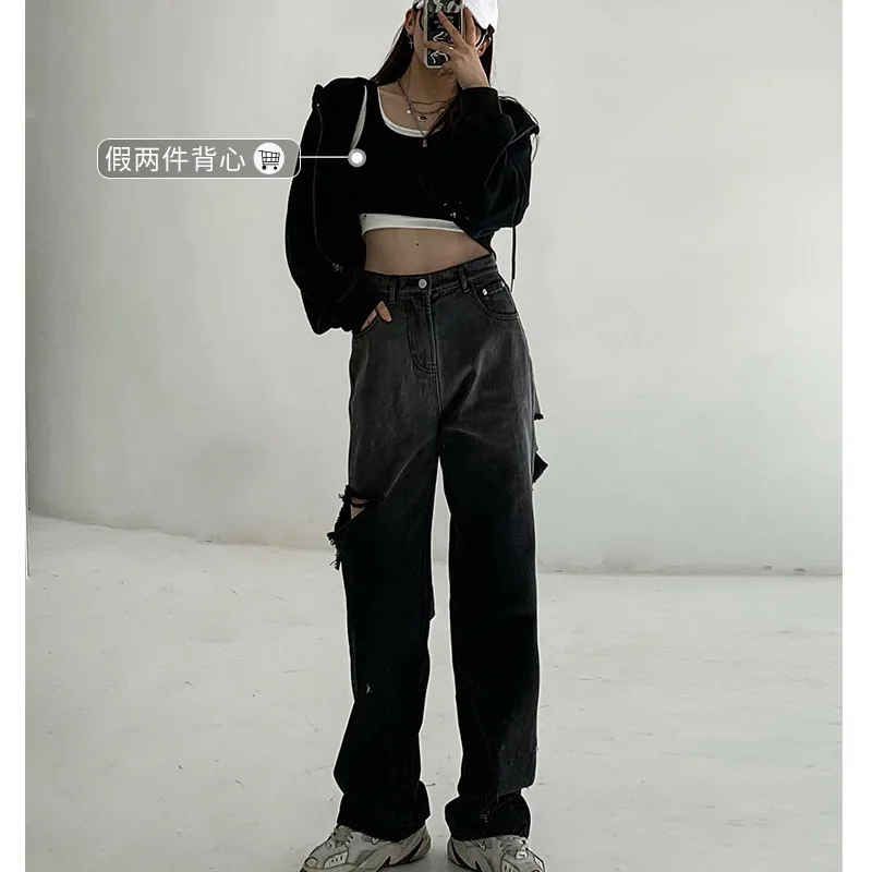 

Y2k Fashion Holes High Waist Jeans Femme Pantalon 90s Vintage Streetwear Loose Korean Trousers Joggers Women Denim Pants 2021