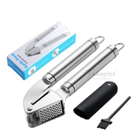 garlic press stainless steel gadget easy to clean and highly durable silicone tube peeler cleaning brush included