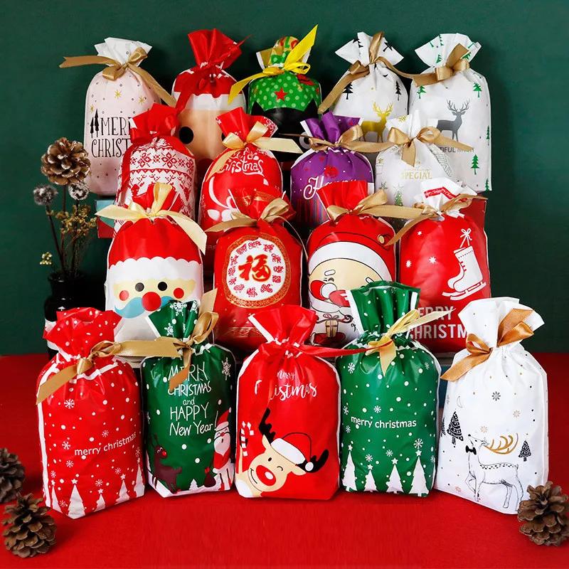 

50 шт./лот рождественские подарочные пакеты, мешок для конфет с Санта-Клаусом, оленем, украшение для новогодвечерние, сумки с выдвижными ручк...