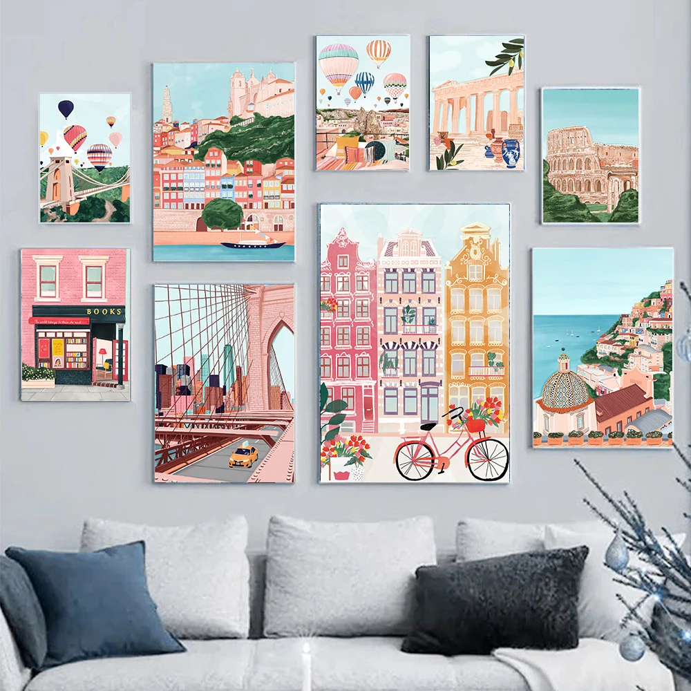 

Landscape Travel City Anime Poster Morocco New York Paris Canvas Print Wall Art Pictures for Home Decoration Interior Paintings