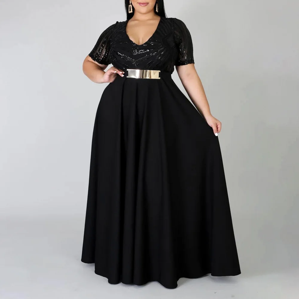 Сексуальное женское платье с блестками элегантное одноцветное размера плюс