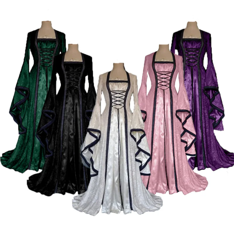 

Plus Size Medieval Vintage Celtic Dress Long Sleeve Suqare Collar Hooded Floor Length Renaissance Gothic Dress Cosplay Halloween