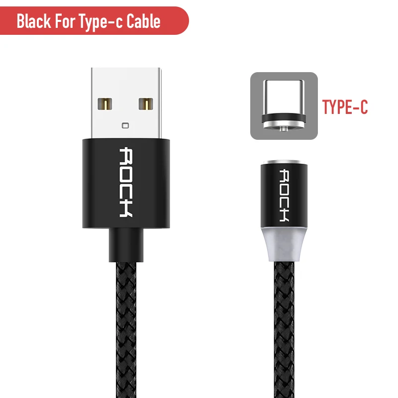 Магнитный кабель ROCK для быстрой зарядки с разъемом type-C Micro Usb для быстрой зарядки Usb C светодиодный светильник для iPhone Xiaomi huawei Phone 1 м магнитное зарядное устройство - Цвет: Black For Tyoe C