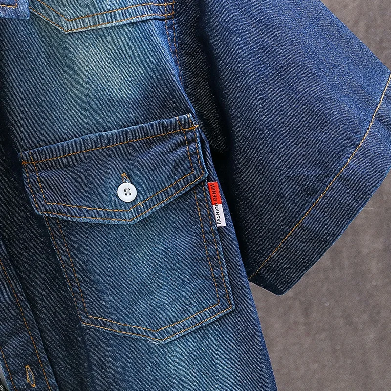

Men Spring Summer Denim Thin Shirt Short Sleeve Soft Cotton Two Pockets Slim Slight Elastic Jeans Cowboy Shirt Clothing