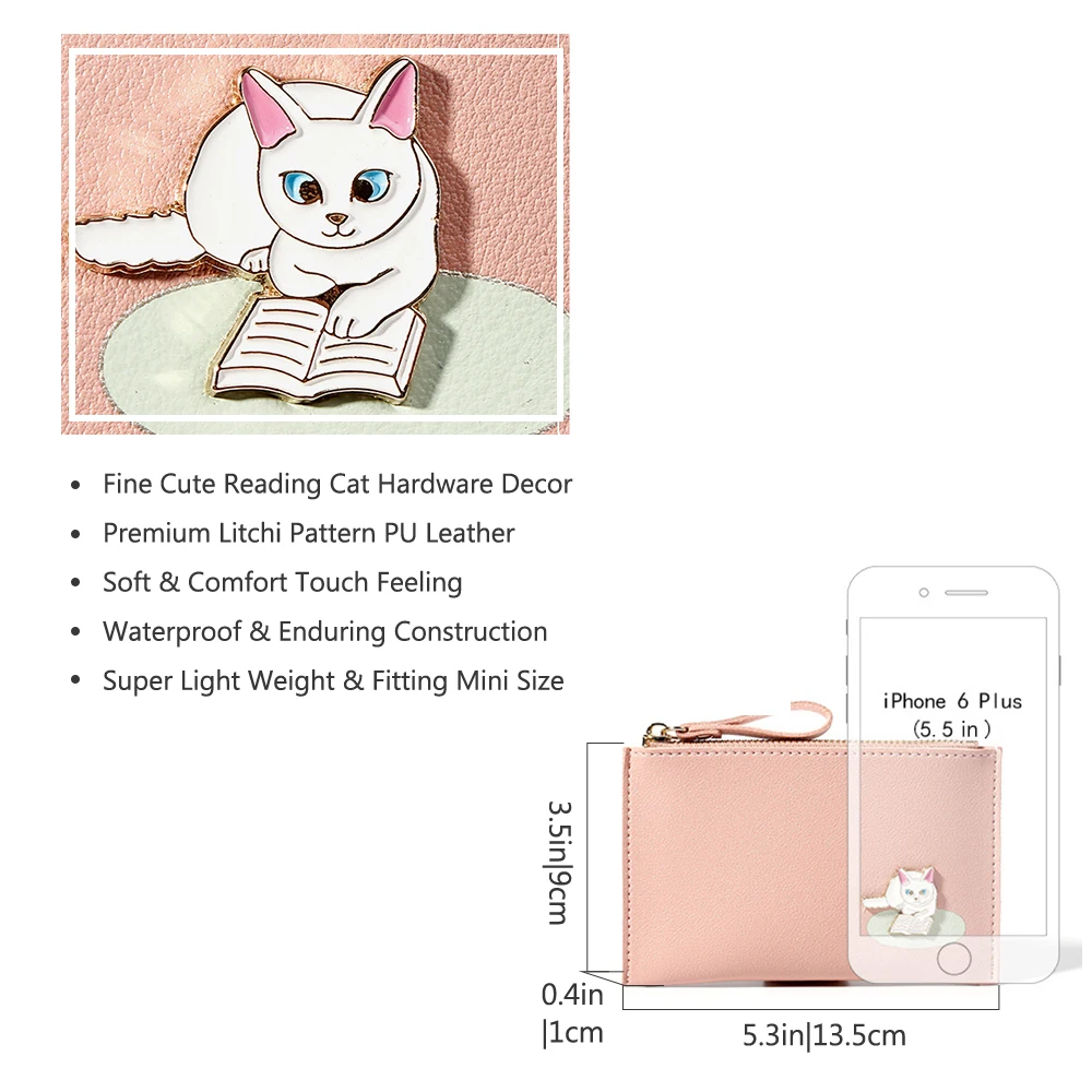 Милый кожаный кошелек на молнии для чтения с кошкой монет держатель карт ID-сумка