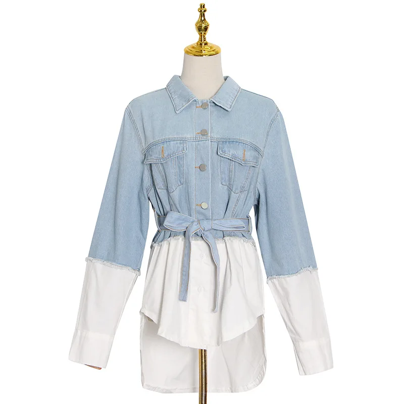 

New fashion temperament casual lapel buckle design contrast stitching waist lace denim jacket