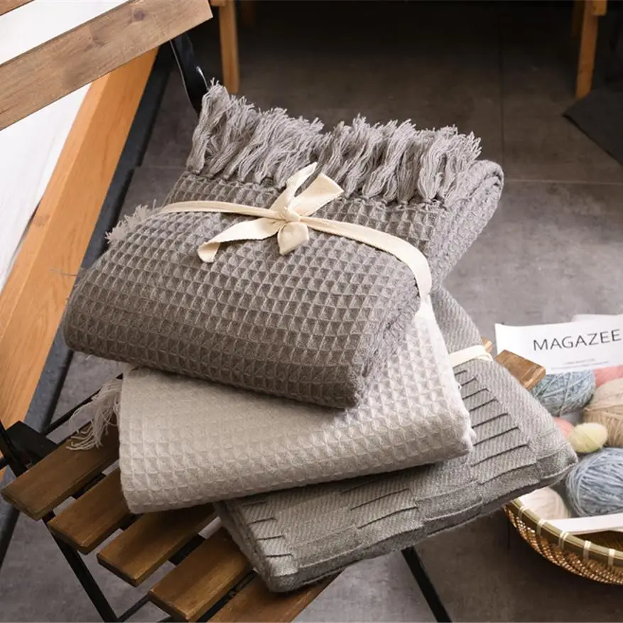 

50Knitted Wool Blanket Solid Color Waffle Embossed Blanket Nordic Decorative Blanket for Sofa Bed Throw Towell Cape Pink Blanket
