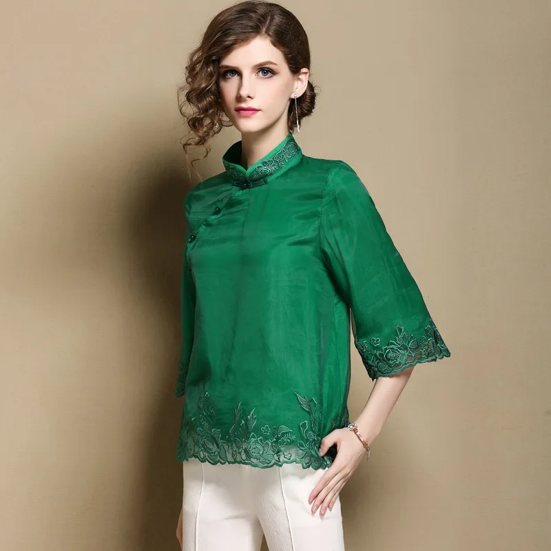 Лето 2021 традиционная зеленая Китайская одежда Рубашки Топы для женщин |