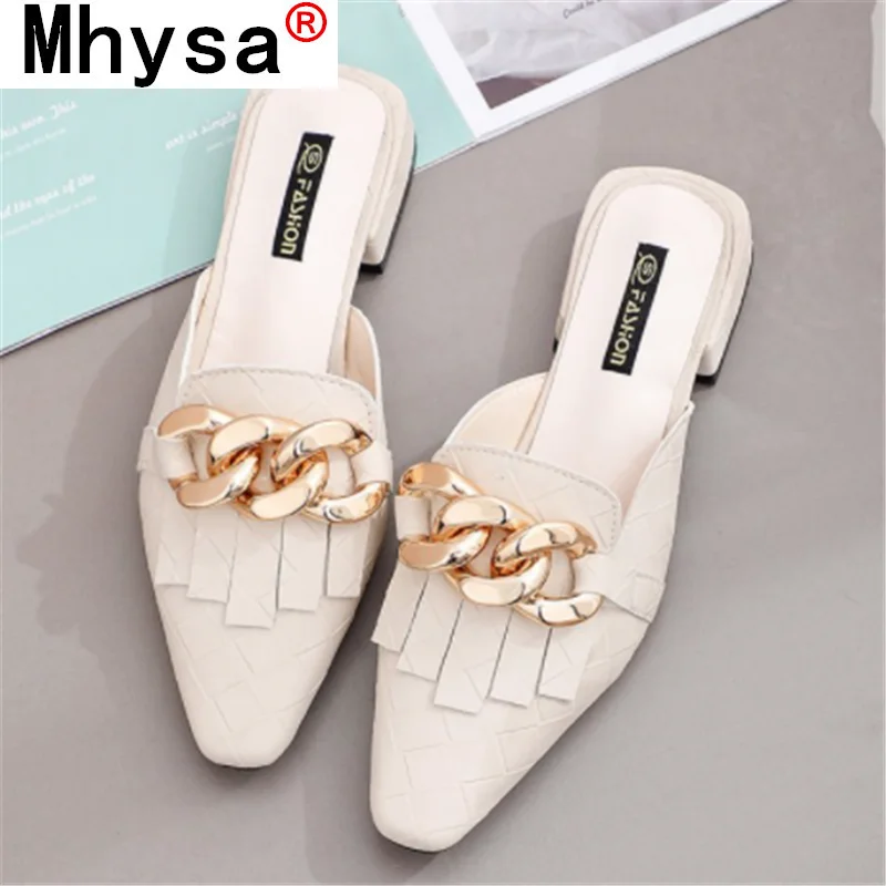

2021 Spring Baotou Women's Slippers Fashion Sexy Pointed Ladies Low-heeled Comfortable Slippers Pu Leather Casual Women's Shoes