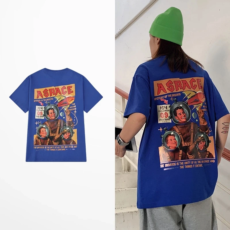 

New Fashion Funny Retro Astronaut Print T Shirt Summer High Street Harajuku Blue Khaki T-shirts Men Lovers Tee Shirt Homme