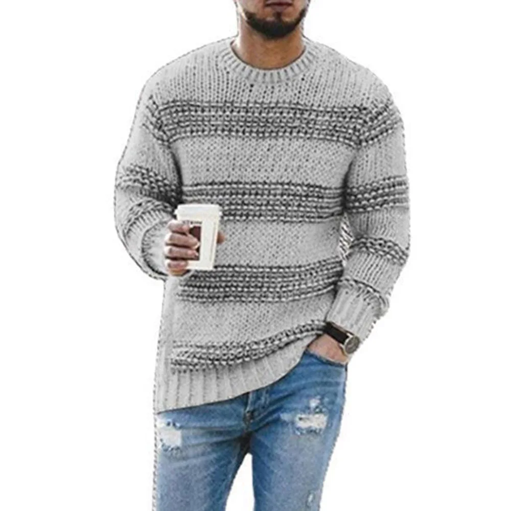 

Autumn New 2021 Men's Europe America Knitting Sweater Stripe Loose Casual Round Neck Long Sleeve Solid Color Simplicity