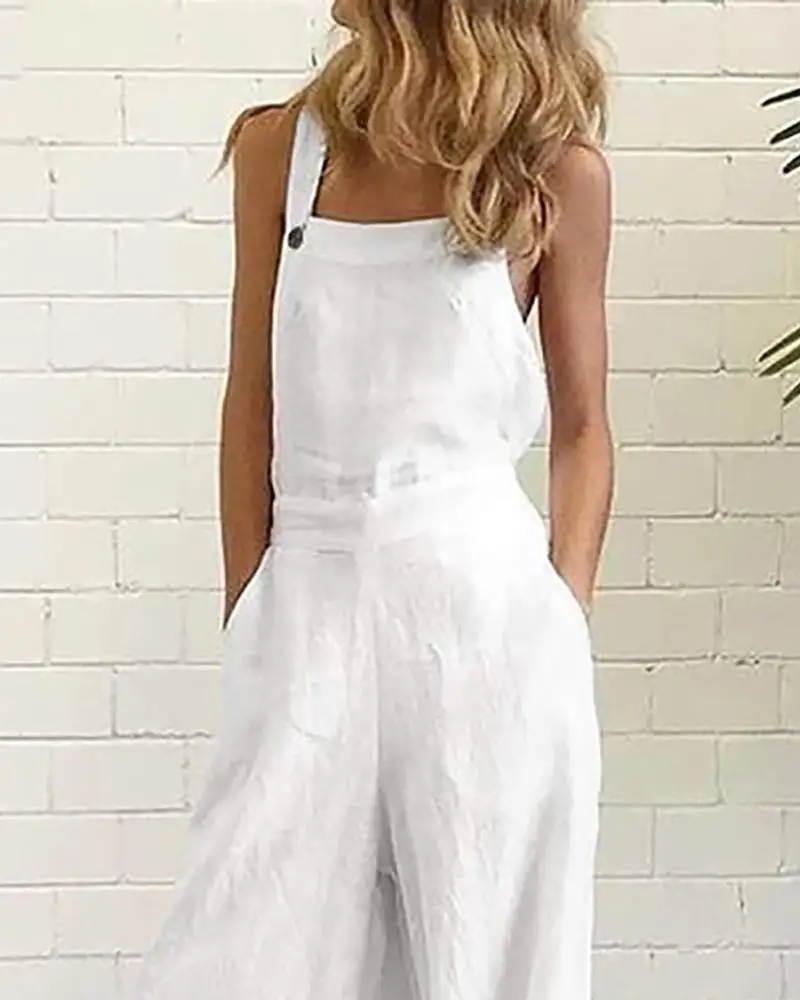 

2021 Fashion Women Casual Thick Strap White Jumpsuits Summer Wear Sleeveless Buttoned Pocket Design loose Suspender Jumpsuit