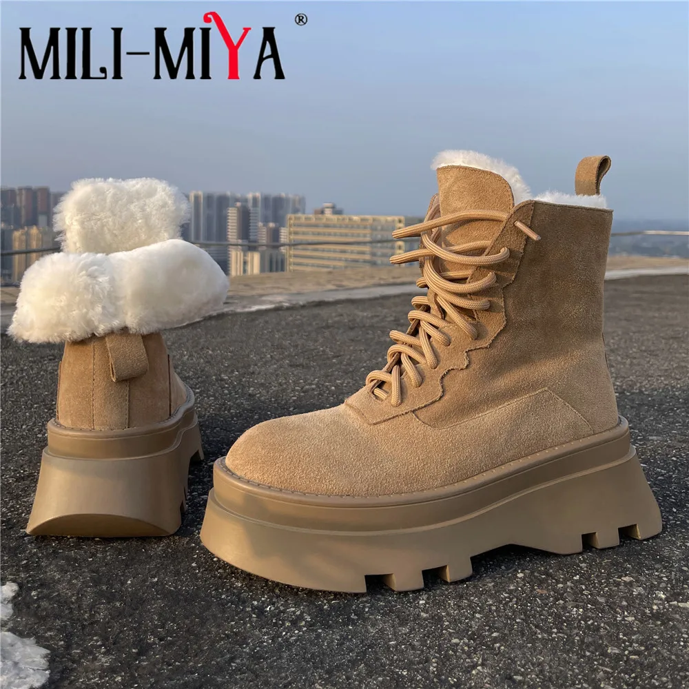

Женские замшевые ботильоны MILI-MIYA высокого качества, модные трендовые теплые ботинки на плоской подошве со шнуровкой и круглым носком