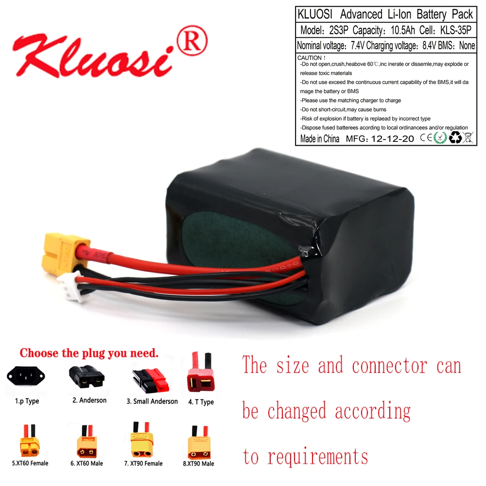 

KLUOSI 2S3P 7.4V 10.5Ah 10Ah High Capacity UAV Rechargeable 8.4V Li-ion Battery for Various RC Airplane Quadrotor XH2.54-3P XT60