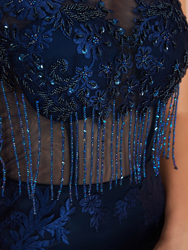 

Luxury Beaded Crystal Evening Dresses 2021 Sexy Sheer Neck Lavender Mermaid Formal Prom Gowns for Women Sleeveless