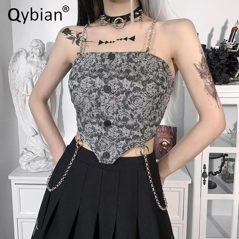 

Top Female Sexy Retro Triangle Punk Crop Tops Summer Top Chain Woven Jacquard Party Tops For Women Short Top T Shirt Tank Top
