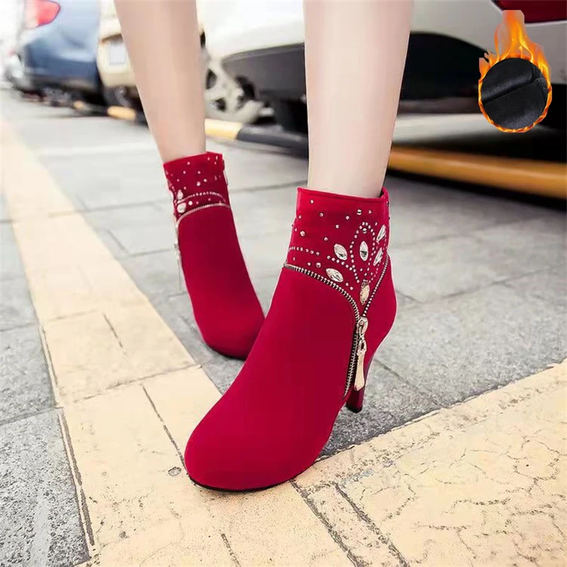 

Женские ботинки на высоком каблуке-шпильке, Плюшевые короткие сапоги, новинка осень-зима 2021, ботинки Стразы с боковой молнией, ботинки с отк...
