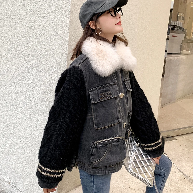 

Зимняя оснастка вязаный с длинными рукавами джинсовые брюки широкого покроя куртка для женщин 2020 плюс бархатное плотное шерстяное пальто с...