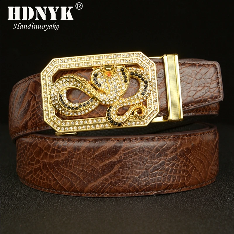 New Pattern Genuine Leather Automatic Men Belt Luxury Belt for Men High Quality Designer Belts Snake Buckle with rhinestone
