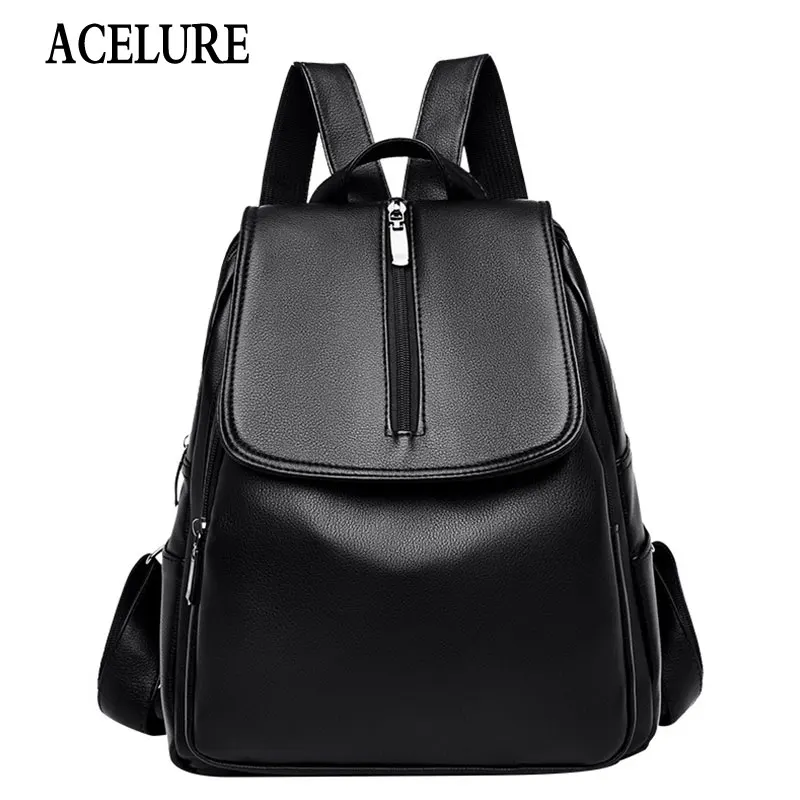 

Solid Color Soft PU Leather Zipper Backpacks for Teenager Black High Capacity School Bags for Students Large Casual Fashion Bags