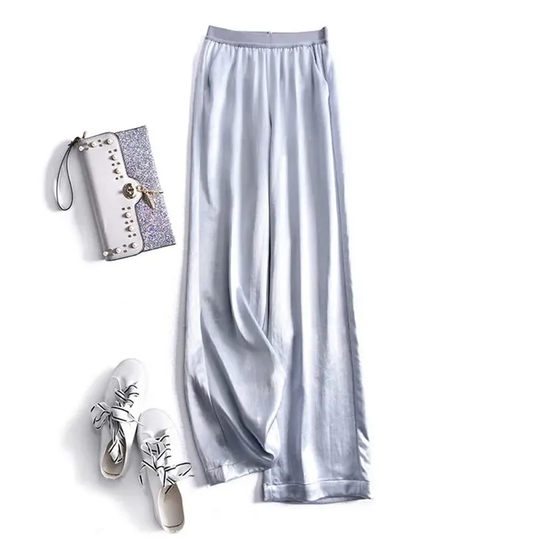 

Summer Thin Satin Wide Leg Pants Women Casual Large Size Loose High Waist Solid Trousers Female Korean Elegant Straight Pants
