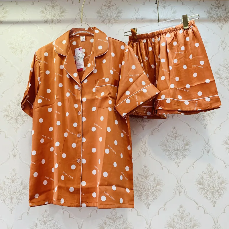 

2021 Summer Ice Silk Pajamas Female Printed Lapel Thin Huispak Vrouwen Short-sleeved Shorts Ice Silk Suit Casual Home Clothes